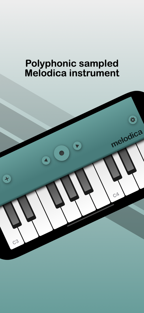 Melodica - Interfaz de la aplicación Melodica que muestra un teclado digital de color aguamarina con sonido sampleado polifónico