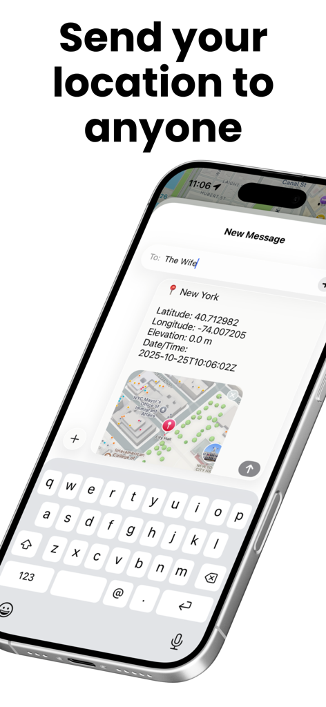 스마트폰에 뉴욕 좌표와 지도 핀이 있는 위치 공유 메시지가 표시되고 연락처로 전송됩니다.