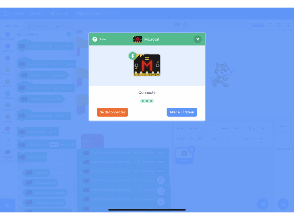 ScratchUP - ScratchUP app interface on iPad showing a successful Bluetooth connection popup for a Microbit board.