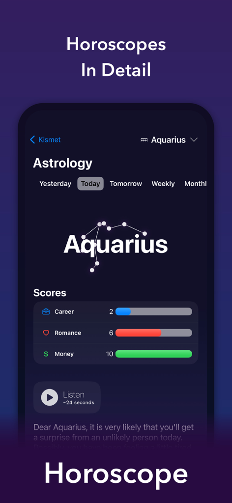 Kismet app interface showing a detailed daily horoscope for Aquarius with career, romance, and money scores.