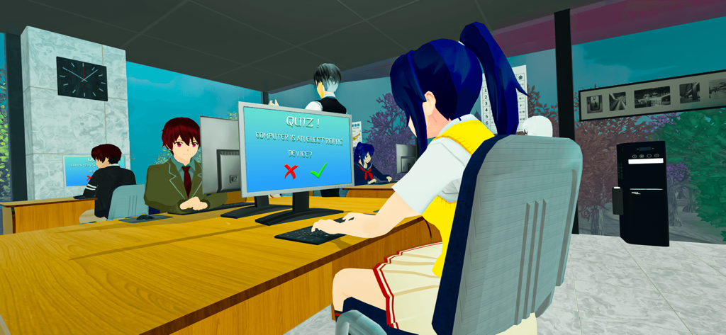 Anime High School Girl Game - An anime girl sitting at a computer desk in a high school classroom taking a digital quiz.