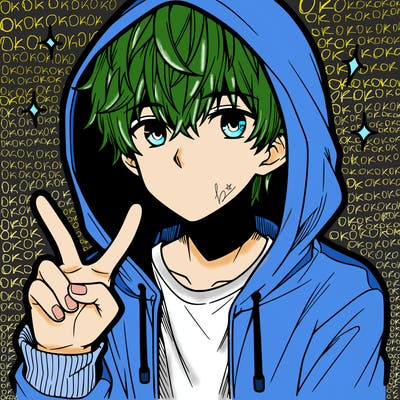 teenage manga boy in a hoodie, doing ✌