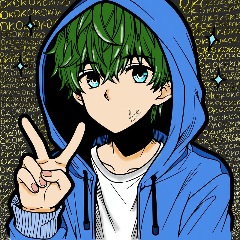 teenage manga boy in a hoodie, doing ✌