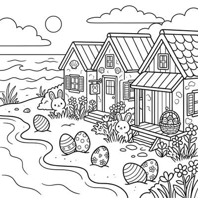 Discover a charming Easter scene where quaint beach cottages meet the soothing seaside. This delightful coloring page is filled with playful bunnies, decorated eggs, and blossoming flowers, ready for your creative touch.