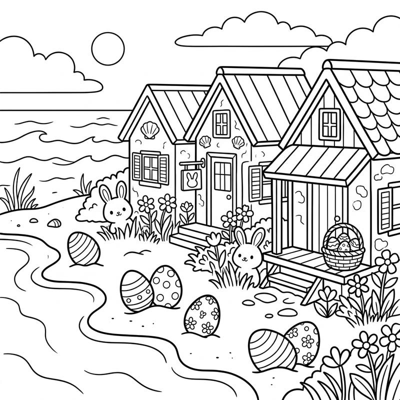 Discover a charming Easter scene where quaint beach cottages meet the soothing seaside. This delightful coloring page is filled with playful bunnies, decorated eggs, and blossoming flowers, ready for your creative touch.