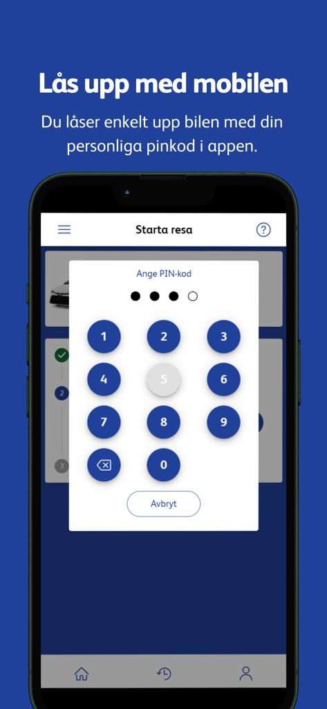 OKQ8 Bilpool - Mobile app screen displaying a numeric keypad to unlock a car with a PIN