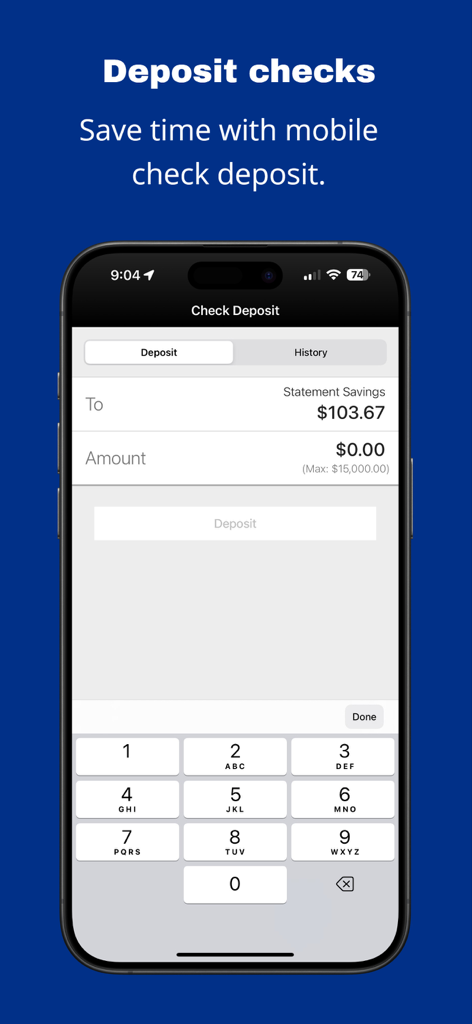 Screen showing the mobile check deposit feature in the Fulton Bank app