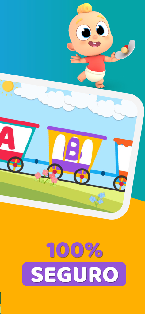 Un bebé de dibujos animados y un tren del alfabeto con el texto 100% seguro en español