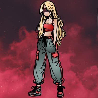 girl in baggy pants crop top and long hair