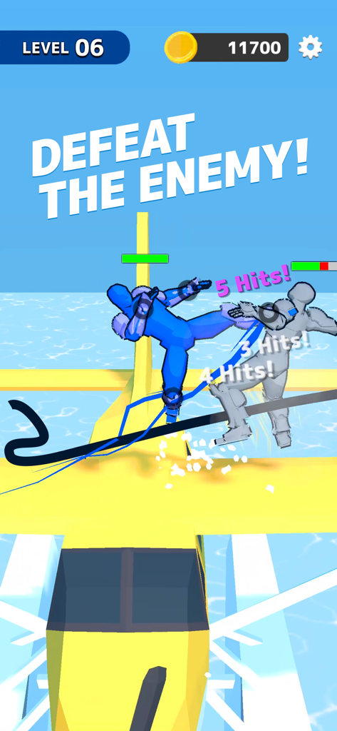 Draw Action: Freestyle Fight - Gameplay screenshot of Draw Action Freestyle Fight showing a blue character kicking an enemy on a yellow airplane wing.