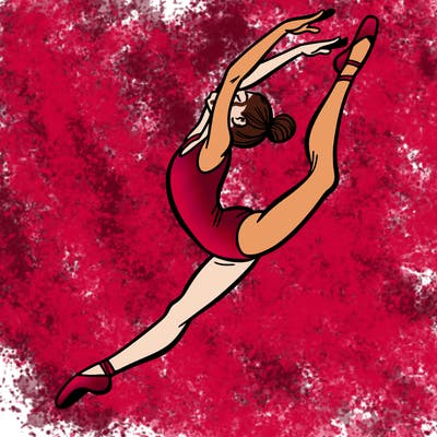 gymnast doing a leap in a leotard with a bent back leg