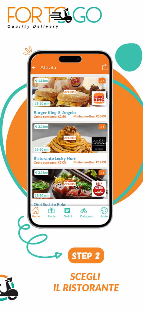 A mobile phone screen displaying the ForToGo app restaurant list for delivery.
