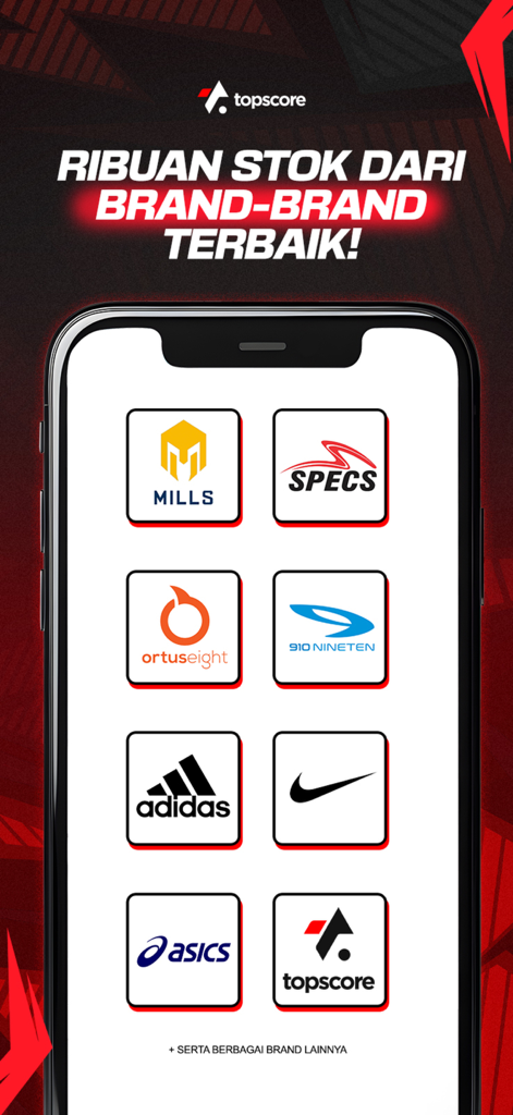 Topscore - Pantalla de la aplicación Topscore mostrando las principales marcas deportivas, incluyendo Nike, Adidas, Asics, Specs, Mills y Ortuseight.