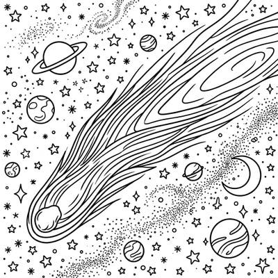 Embark on an epic cosmic adventure with this captivating Hale-Bopp Comet coloring page. It features the famous comet streaking across a starry sky, surrounded by planets and distant galaxies, inviting you to bring the wonders of space to life with your unique palette.