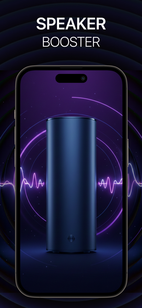 Bass Booster | Volume | Treble - iPhone screen displaying the Speaker Booster feature with a sleek blue speaker icon and glowing sound waves