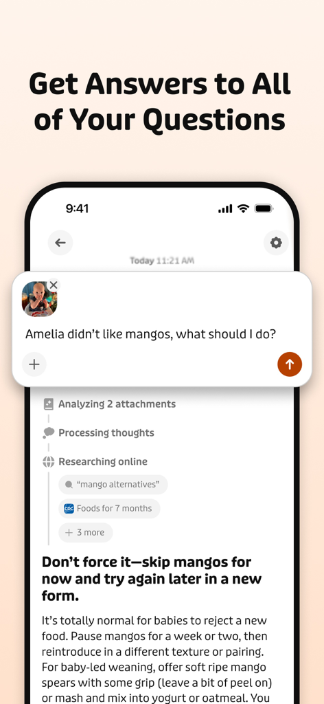 Tummi – Start Solid Foods - Screenshot of the Tummi app interface showing an AI chat providing personalized guidance on baby feeding and starting solids.