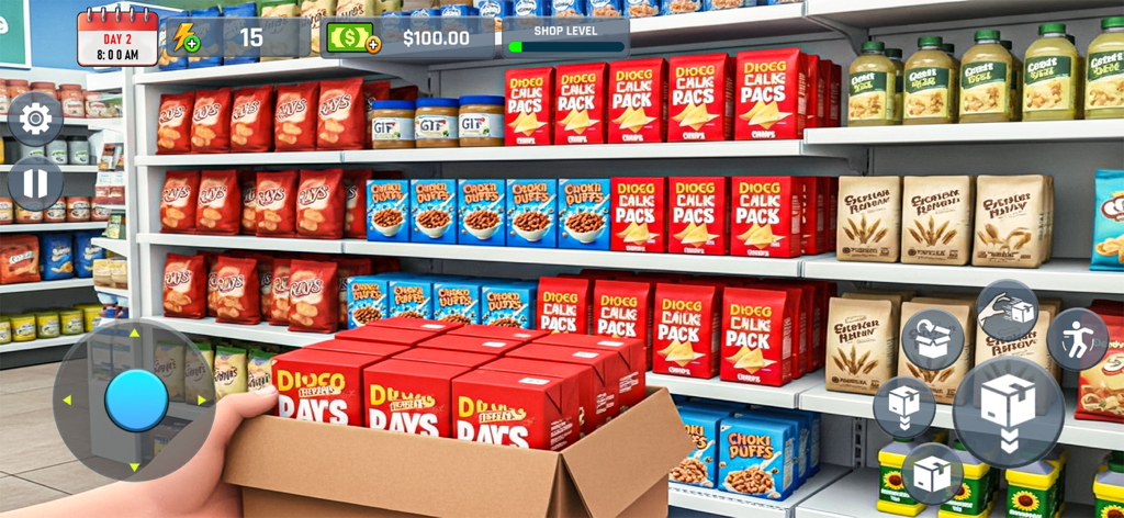 Dog Food Supermarket Simulator - First-person gameplay view of stocking shelves with products in Dog Food Supermarket Simulator