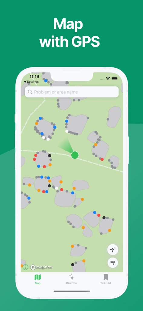 Boolder - Screenshot of the Boolder app map interface with GPS tracking and bouldering routes