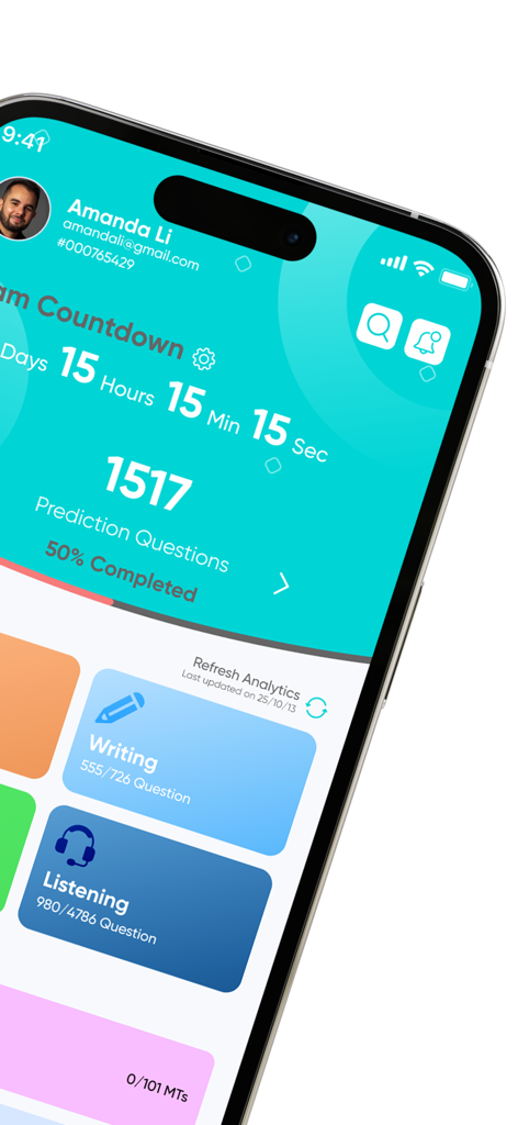 PTE Practice & Tests - AlfaPTE - AlfaPTE app interface displaying exam countdown and study progress.