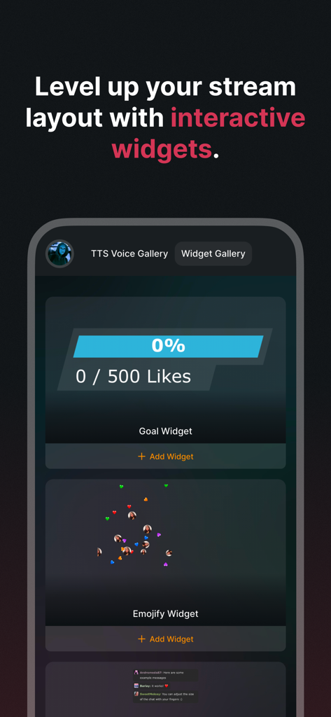 Tikfinity Mobile app interface displaying interactive stream widgets like goal bars and emojify for TikTok live streams