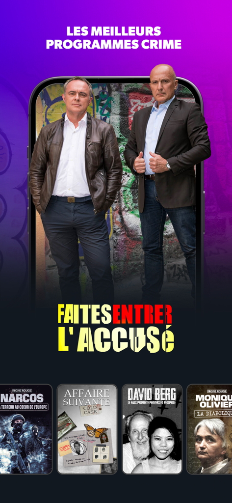 Interface de l'application RMC BFM Play présentant des programmes français de true crime et l'émission Faites entrer l'accusé.