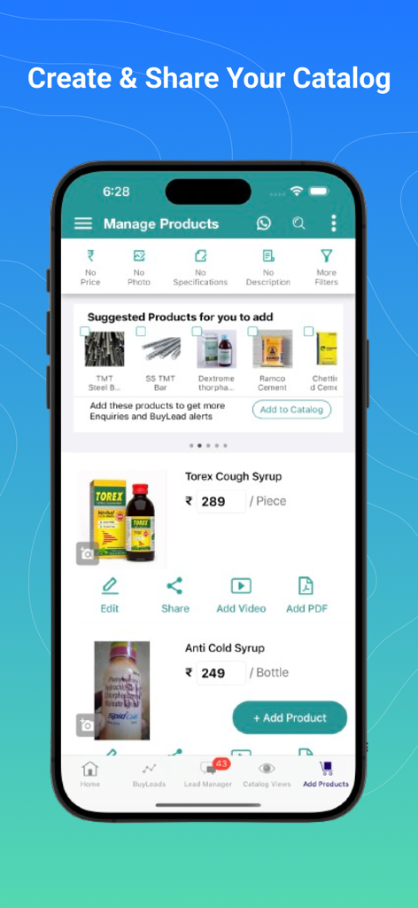 Interface of the IndiaMART app showing the manage products screen with options to create and share a business catalog including product listings and pricing