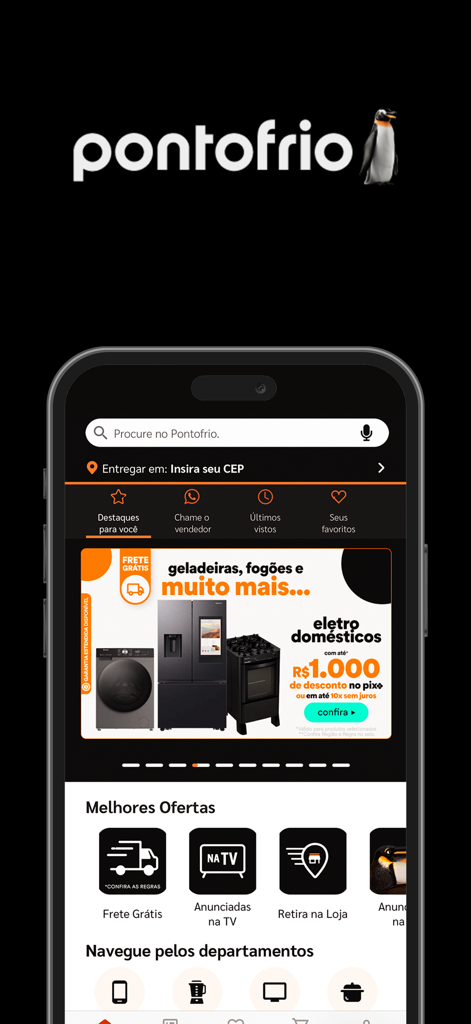 Pontofrio: Compre online - Schermata principale dell'app di shopping Pontofrio con sconti su elettrodomestici e opzioni di spedizione gratuita.