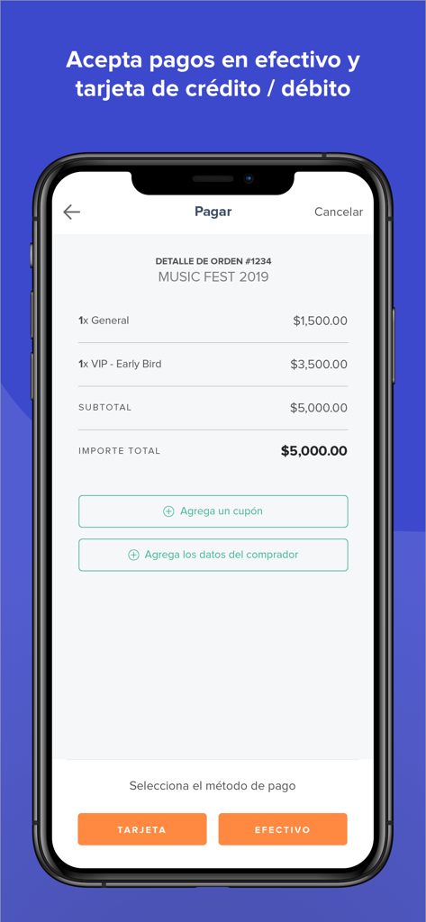 Insiders: Imprime boletos - Interfaz de aplicación móvil para organizadores de eventos que muestra un resumen del pedido de boletos y opciones de pago con tarjeta o en efectivo