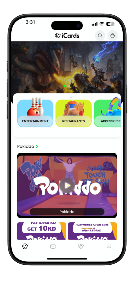 iCards World - iCards mobile app home screen featuring gaming banners and gift card categories for entertainment and restaurants