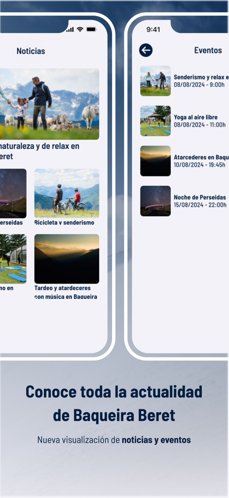 Baqueira Beret App-Oberfläche mit Neuigkeiten und bevorstehenden Veranstaltungen wie Wandern, Yoga und Mountainbiken.