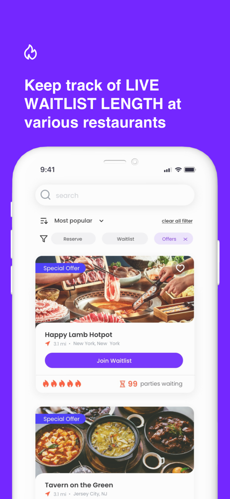 Minitable - A mobile interface of the Minitable app showing real-time waitlist lengths and a join waitlist button for popular restaurants.