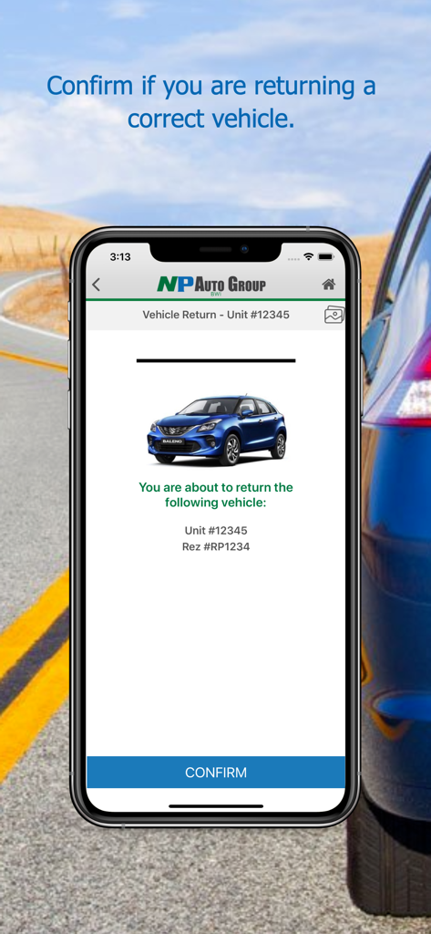 ASAP Rent - Smartphone displaying the ASAP Rent vehicle return confirmation screen with car details and a confirm button.
