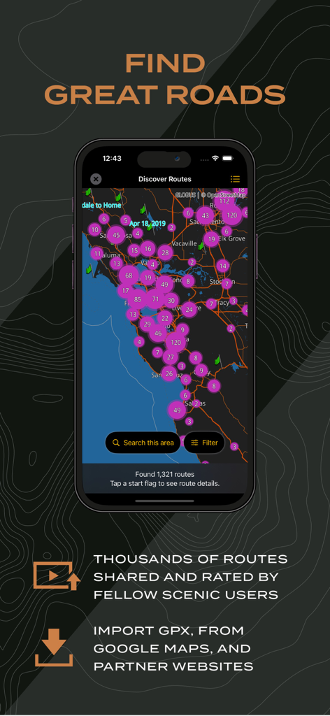 Scenic Motorcycle Navigation - A smartphone displaying a map with thousands of user shared and rated motorcycle routes in the Scenic app