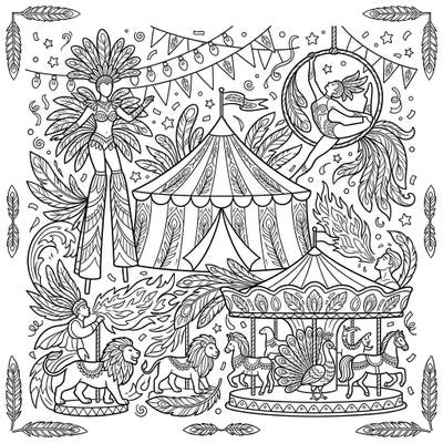 Experience the magic of the big top with this unique carnival coloring page, where every detail is adorned with exquisite feather patterns. Dive into a world of stilt walkers, aerialists, and carousels, all waiting for your creative touch.