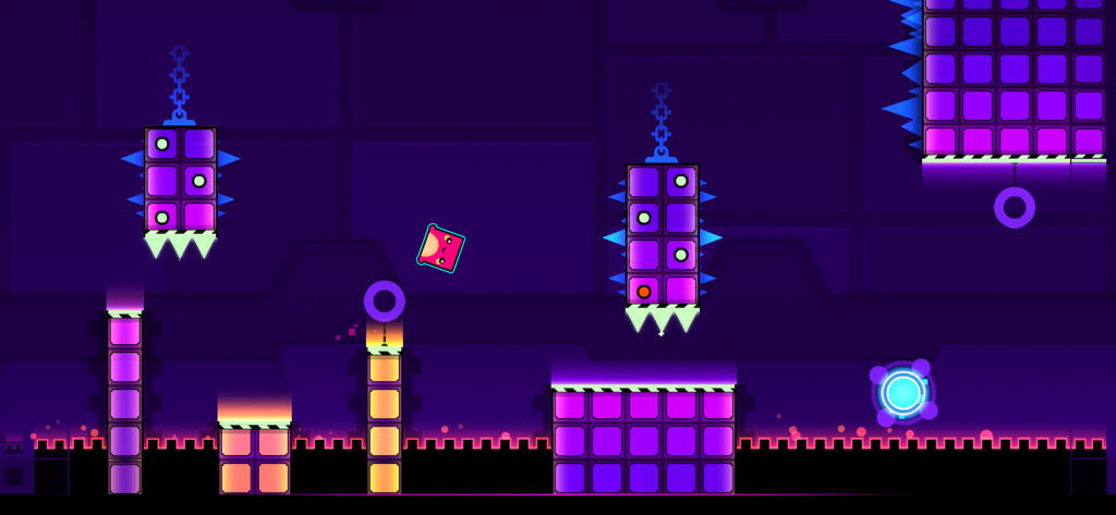 Rhythm-based platformer gameplay in Geometry Dash SubZero featuring a neon purple level with spikes and obstacles