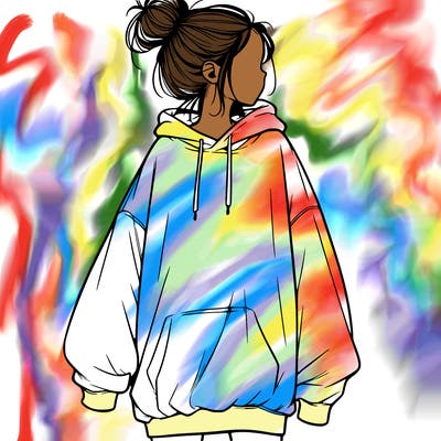 realistic girl with a oversized sweatshirt on and a bun