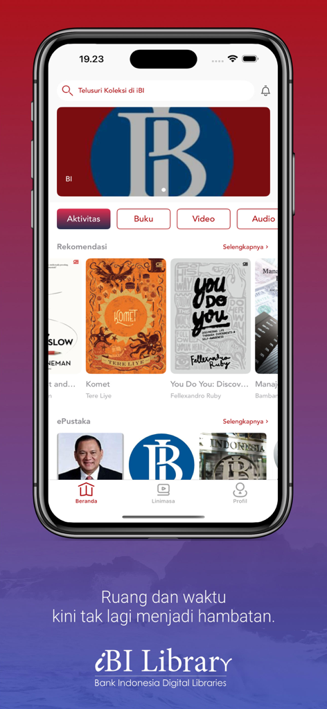 iBI Library - iBI Library app home screen showing recommended ebooks and ePustaka features from Bank Indonesia