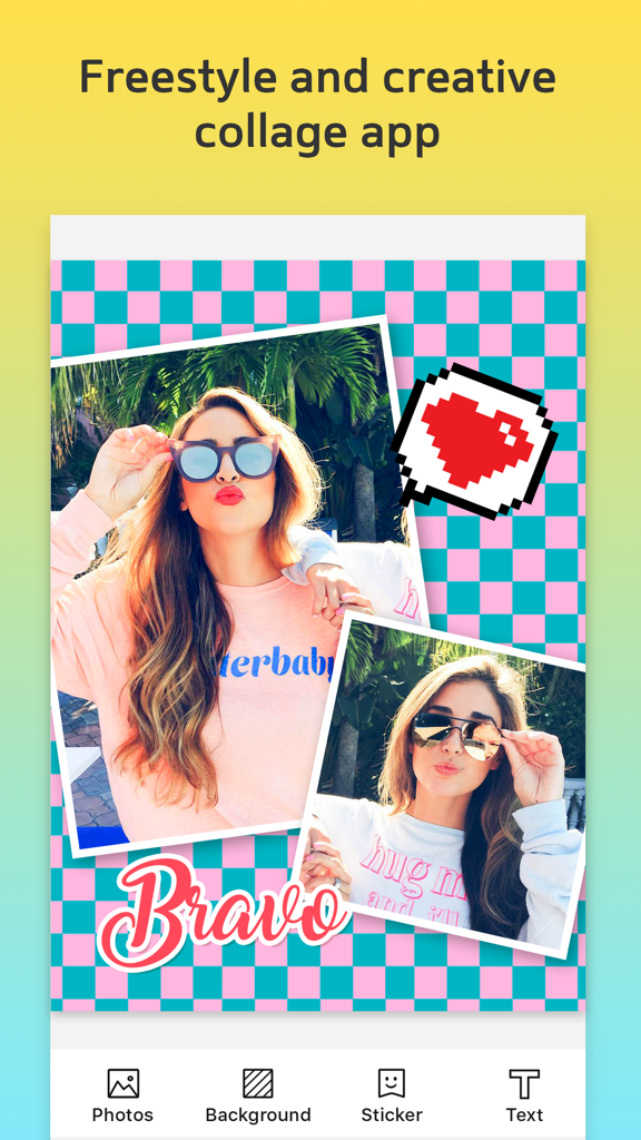 Picture Collage – Add Text to Pics & Photo Editor - Un collage fotografico colorato con due ritratti, un adesivo a forma di cuore pixelato e la parola Bravo su uno sfondo a scacchiera