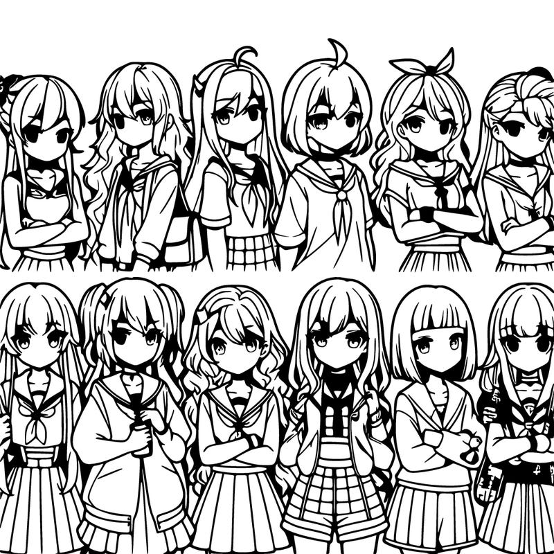 different anime girls in a row