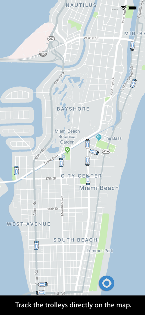 Miami Trolleys - Real time map showing multiple trolley locations across Miami Beach