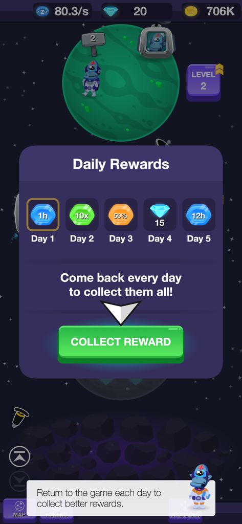 Planet Miner FRVR - Pantalla de recompensas diarias en el juego Planet Miner FRVR mostrando objetos coleccionables y un mono espacial