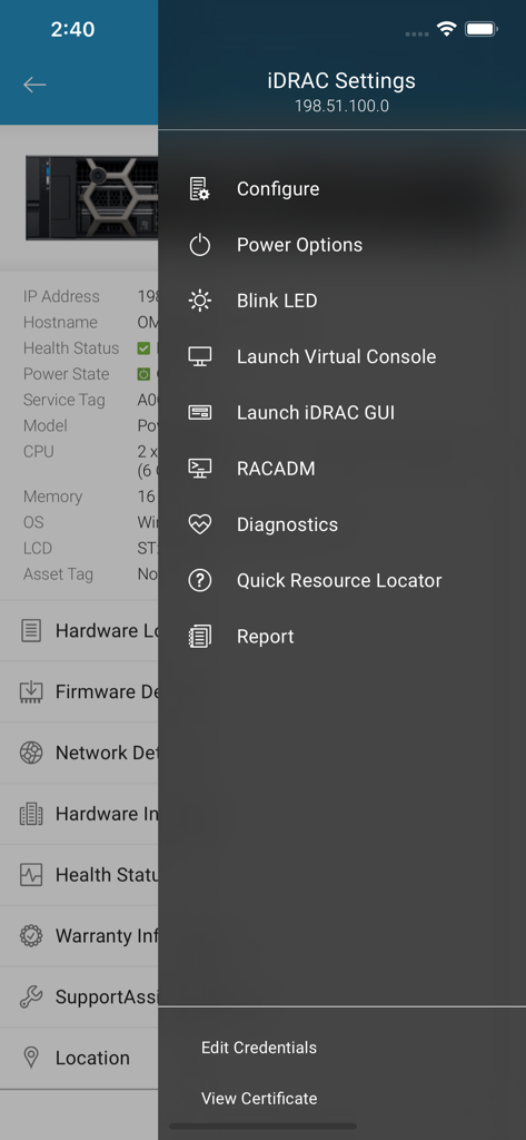 OpenManage Mobile - Dell OpenManage Mobile app showing iDRAC settings menu for remote server management