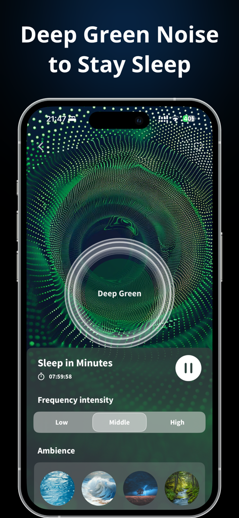 Binaural Beats Healing Sleep - Binaural Beats app interface showing deep green noise player with frequency intensity controls