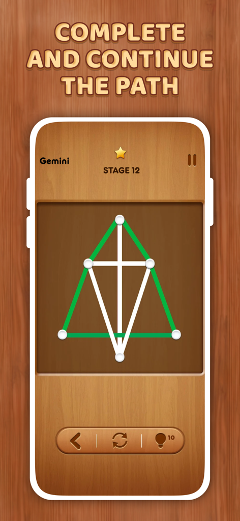 One Line Fun - One Line Puzzle - Mobile game screenshot of One Line Fun showing a geometric line puzzle stage on a wooden background
