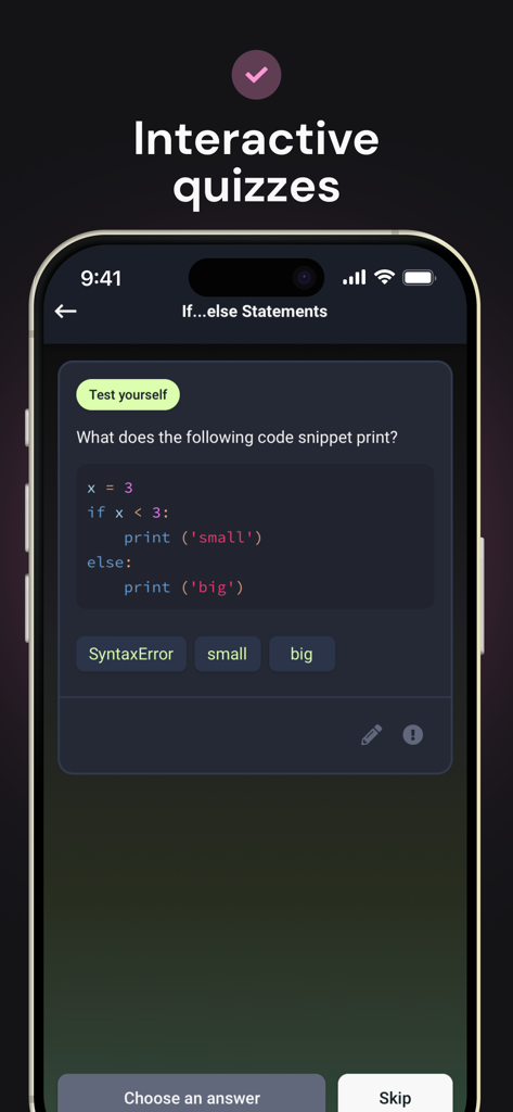 A screenshot of the Enki app displaying an interactive multiple choice coding quiz on if else statements