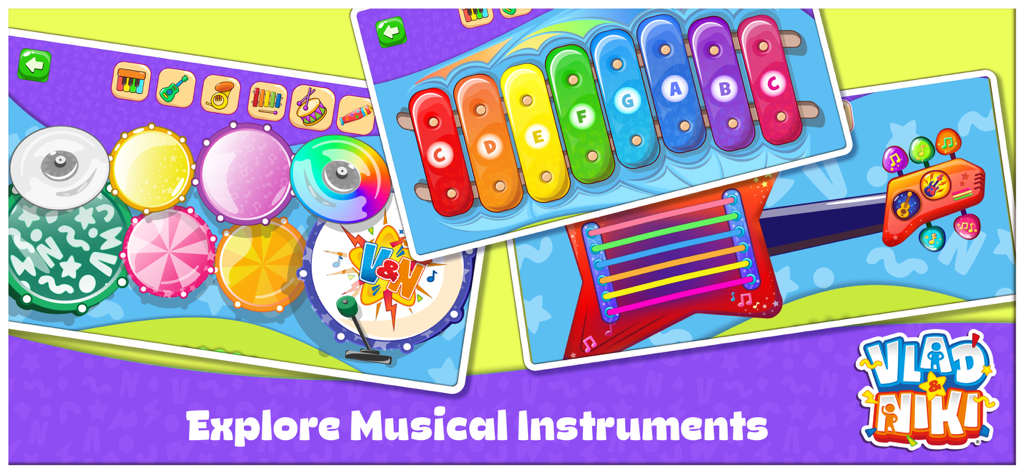 Educational music game interface for children showing drums, xylophone, and guitar