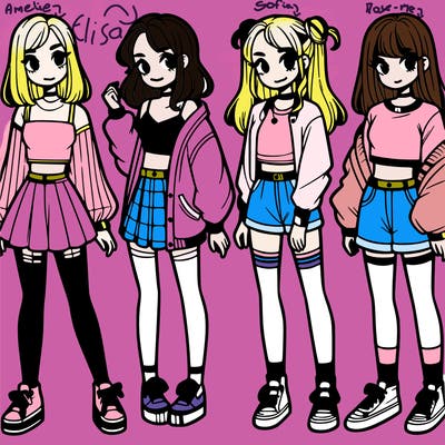 one girl with crop-top shirt and a jacket with a skirt, long socks and another girl with a shirt and pants with a jacket