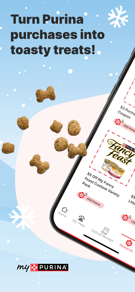 A mobile phone displaying the myPurina app rewards screen with pet treats and a five dollar coupon for Fancy Feast.