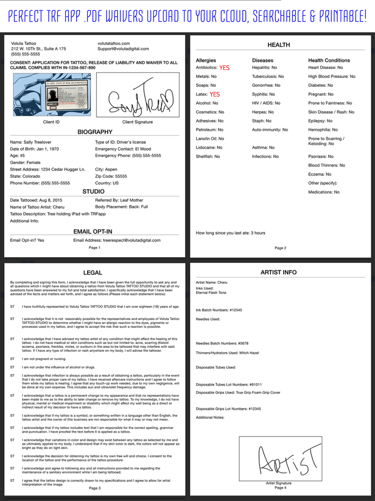A comprehensive four page digital tattoo release form showing client biography health history legal consent and artist information