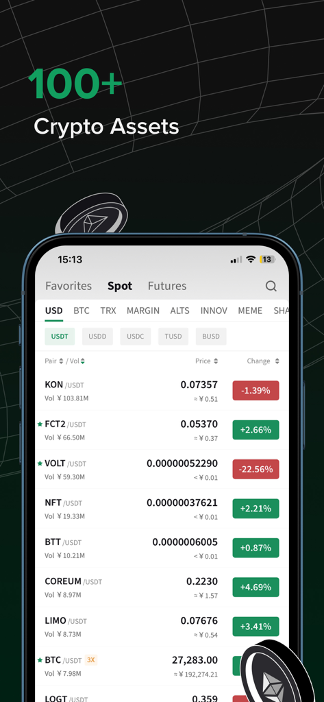 Una schermata mobile dell'app Poloniex Crypto Exchange che mostra un elenco di coppie di trading spot con variazioni di prezzo e volume.